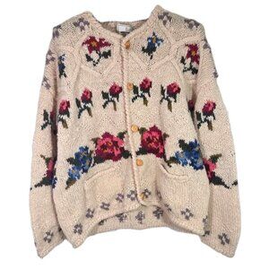 Vtg Sz L 90s Express Tricot Hand Knit Wool Chunky Sweater Cardigan Cottagecore